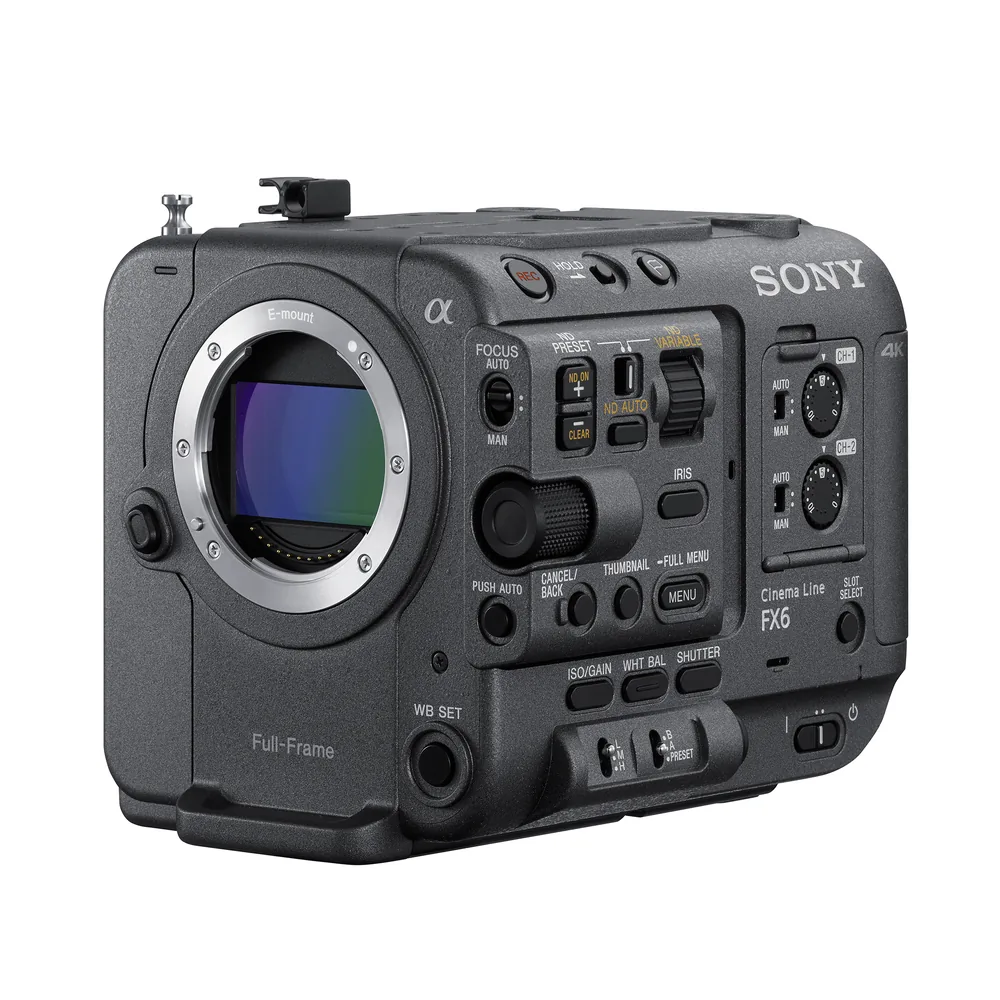 Sony FX6 camera body, front three-quarter view without a lens